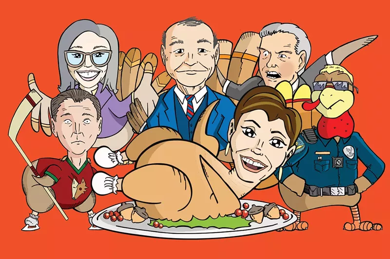 Image: cartoon turkeys of kari lake, katie hobbs, alex meruelo, tom horne, a phoenix police officer and skip hall