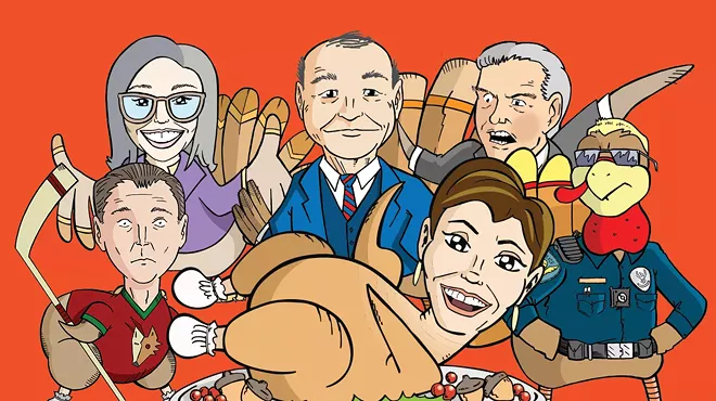 cartoon turkeys of kari lake, katie hobbs, alex meruelo, tom horne, a phoenix police officer and skip hall