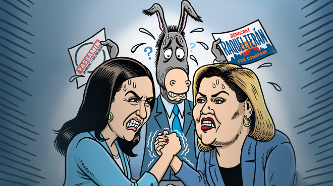 A cartoon of two women arm wresting through gritted teeth, while an anthropomorphic donkey looks on worried.