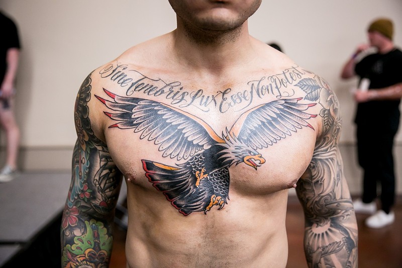 An eagle chest piece seen at the Grand Canyon State Tattoo Convention in 2018.